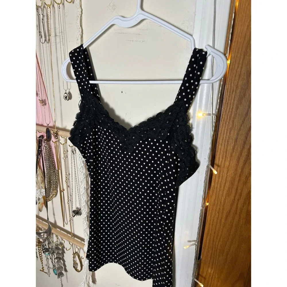 Y2K Polka Dot Lace Trim Tank Top‎ Black White Small Coquette Pin Up Summer Chic